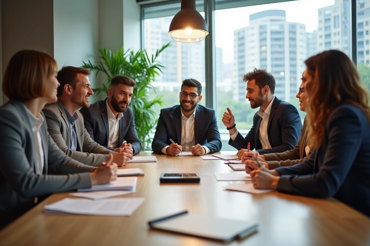 Groupe de professionnels en réunion dans un bureau lumineux
