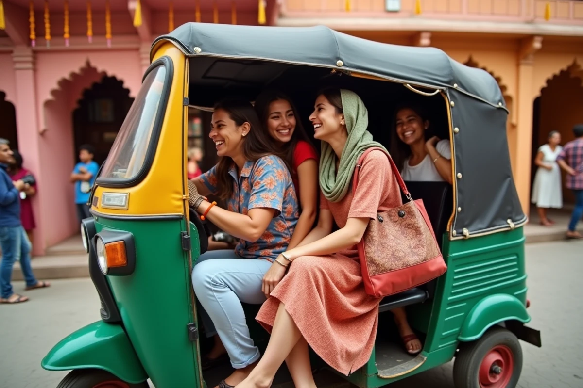Groupe de quatre touristes essayant de monter dans un tuktuk à Jaipur, illustrant les limites de capacité du véhicule