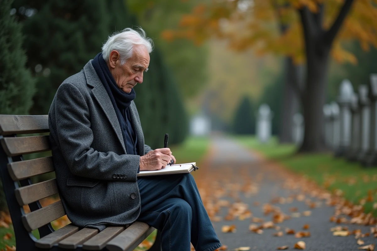 Homme âgé méditatif assis dans un jardin de cimetière tenant un carnet de prévoyance obsèques en automne