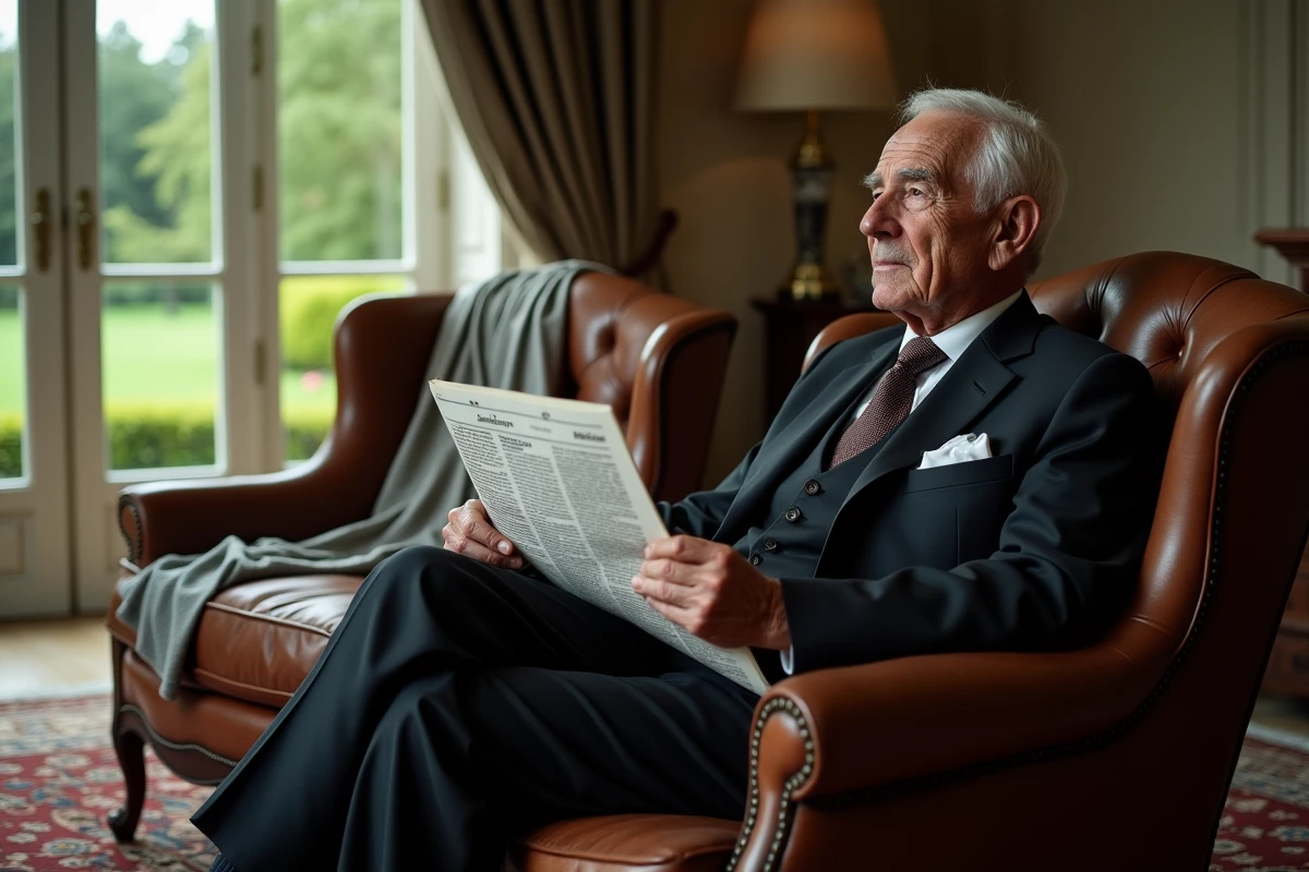 Homme âgé en costume sombre assis dans un fauteuil en cuir d'une demeure classique, atmosphère de couple discret et cultivé