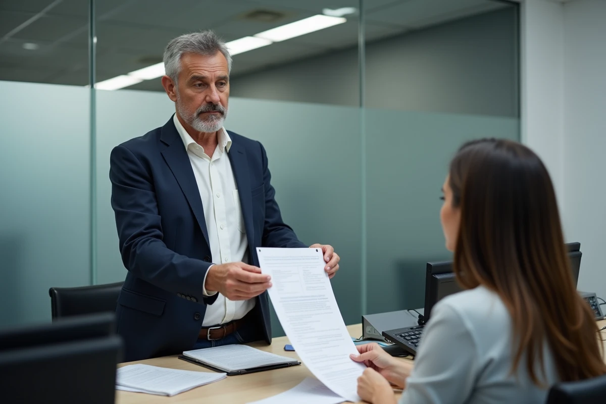 Homme d'une cinquantaine d'années remettant des documents à une conseillère dans une agence pour l'emploi, représentant les démarches CSP et la protection des droits à la retraite lors d'un licenciement économique
