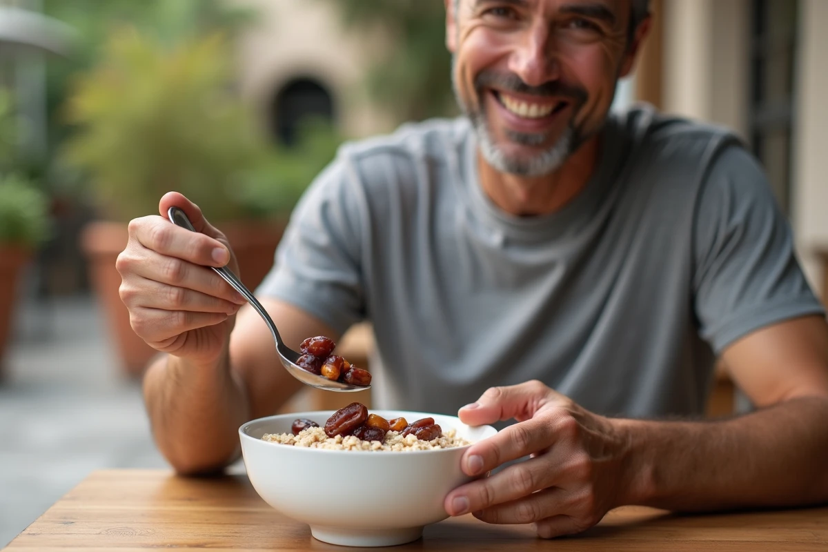 Homme ajoutant des dattes hachées à son bol de porridge en terrasse le matin