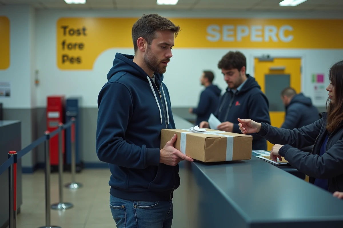 Homme déposant un colis Vinted à la poste et vérifiant le reçu des frais d'envoi