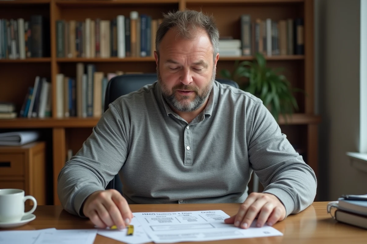 Homme grande taille consultant un guide des tailles 7XL avec un mètre ruban à son bureau