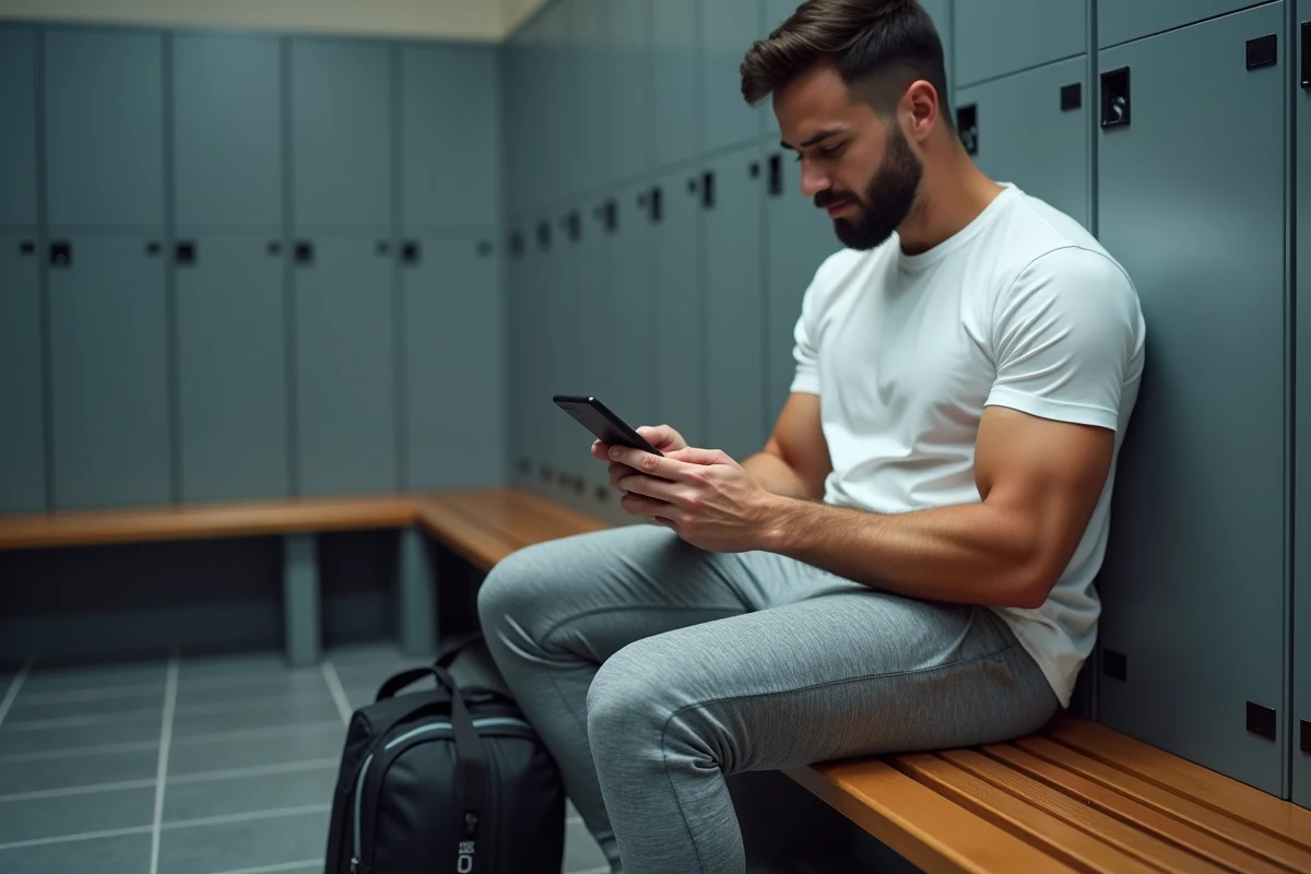 Homme consultant une offre promotionnelle Basic Fit sur son smartphone avec un sac gratuit posé à côté dans un vestiaire