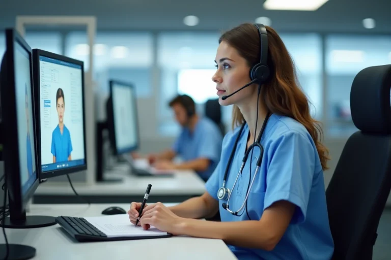 Infirmière régulateur au centre de régulation médicale du 116 117 en Normandie répondant à un appel patient