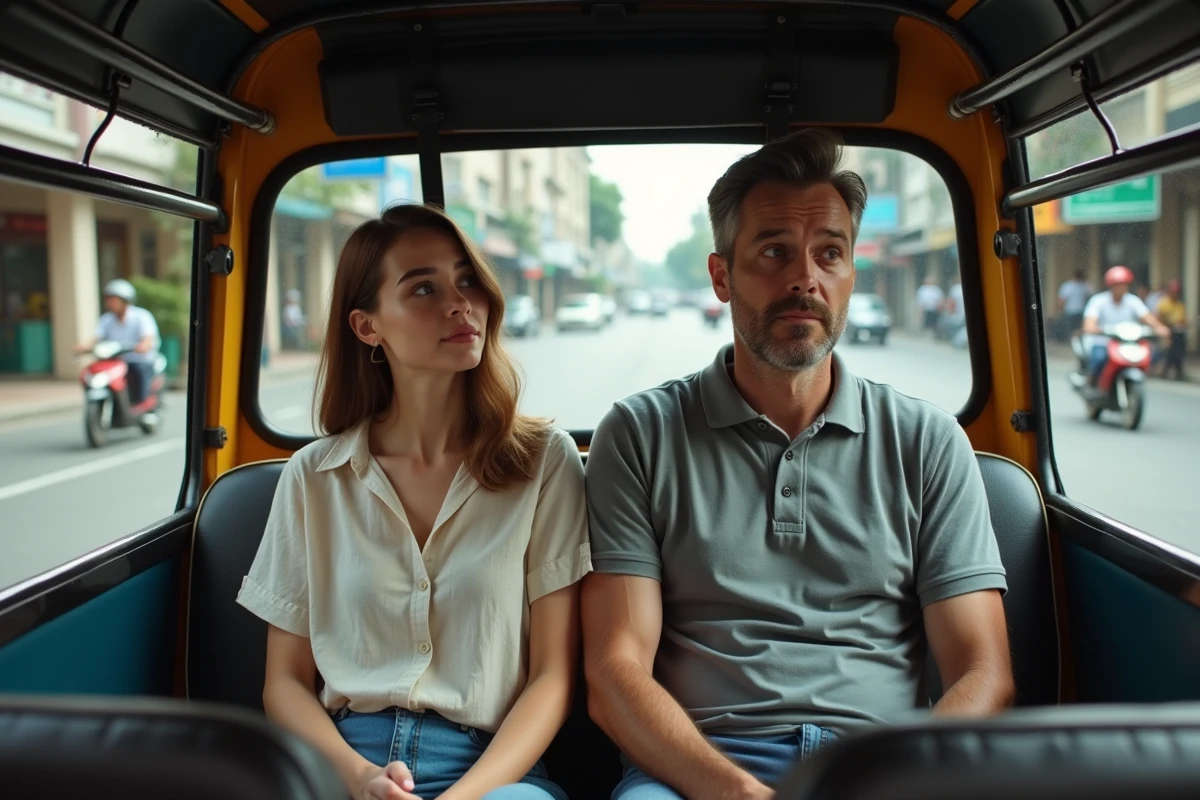Vue intérieure d'un tuktuk avec deux passagers assis côte à côte, montrant l'espace limité de la cabine