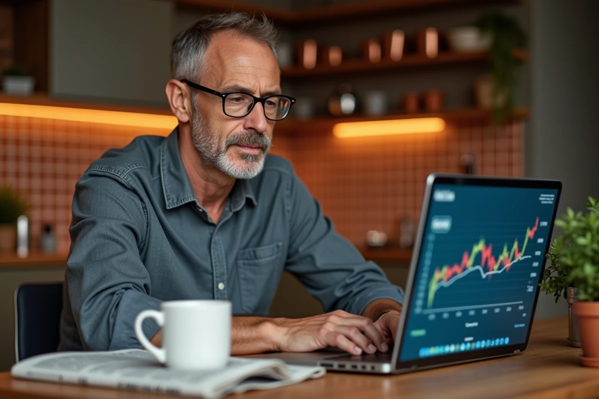 Homme investisseur particulier consultant une plateforme de courtage en ligne depuis son domicile avec journal financier