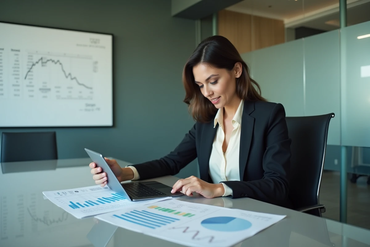 Femme investisseure analysant un portefeuille boursier avec des rapports financiers sur une table de réunion en entreprise