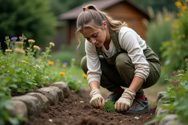 Jardinière en tablier de lin désherbant à la main un massif de plantes naturelles dans un jardin écologique