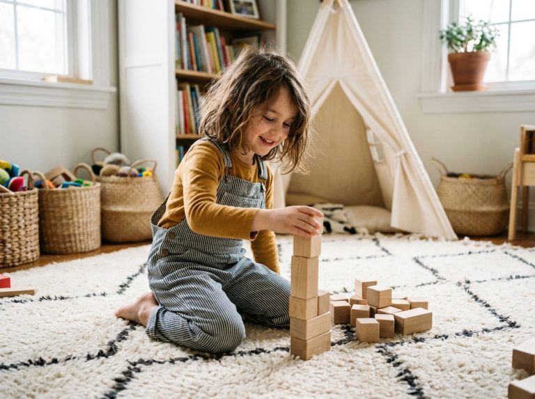 Jeune fille de six ans joue avec des blocs en bois dans une salle de jeux chaleureuse
