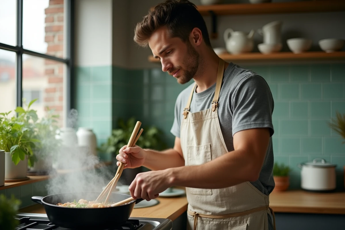 Jeune homme préparant un bouillon de ramen aux légumes dans une cocotte en fonte dans une cuisine d'appartement urbain