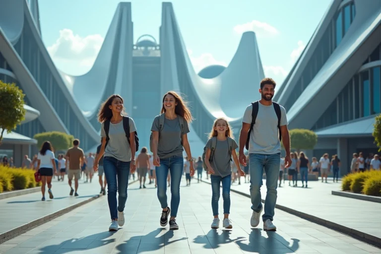 Famille enthousiaste à l'entrée du Futuroscope, prête pour une journée de découvertes
