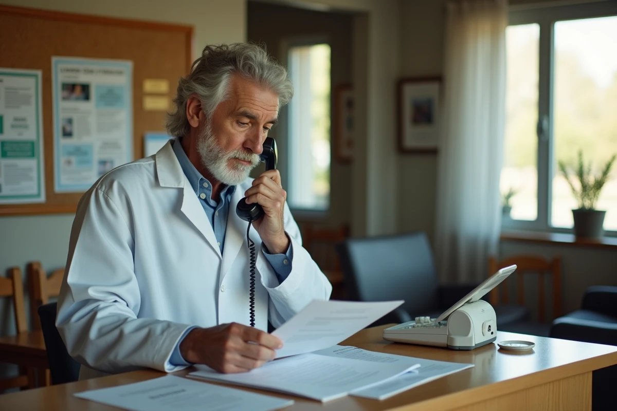 Médecin généraliste de garde en Normandie consultant le service de régulation médicale 116 117 depuis son cabinet