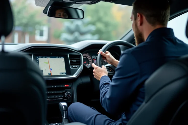 Technicien automobile mettant à jour le GPS d'une Peugeot 3008 via une clé USB dans l'habitacle