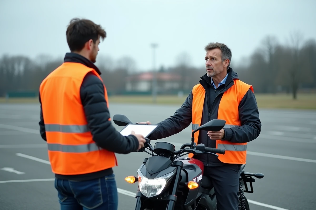 Moniteur de moto expliquant le permis B2 à un élève sur une aire d'entraînement homologuée
