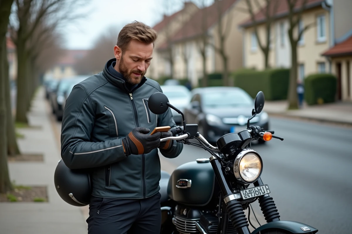 Motard équipé consultant son téléphone après avoir obtenu son permis B2, devant une moto de tourisme garée en ville