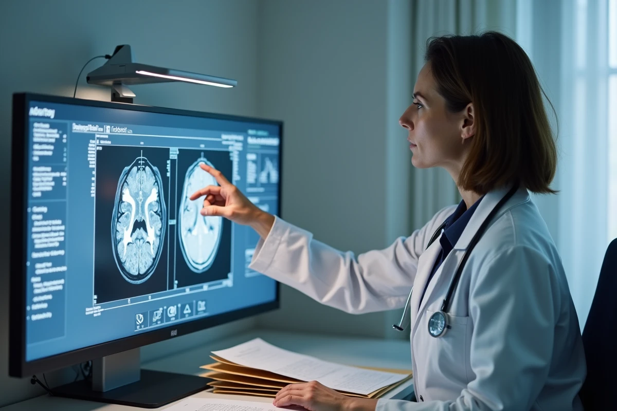 Neurologue féminine montrant une IRM cérébrale sur un écran médical lors d'une consultation hospitalière sur les risques du KO