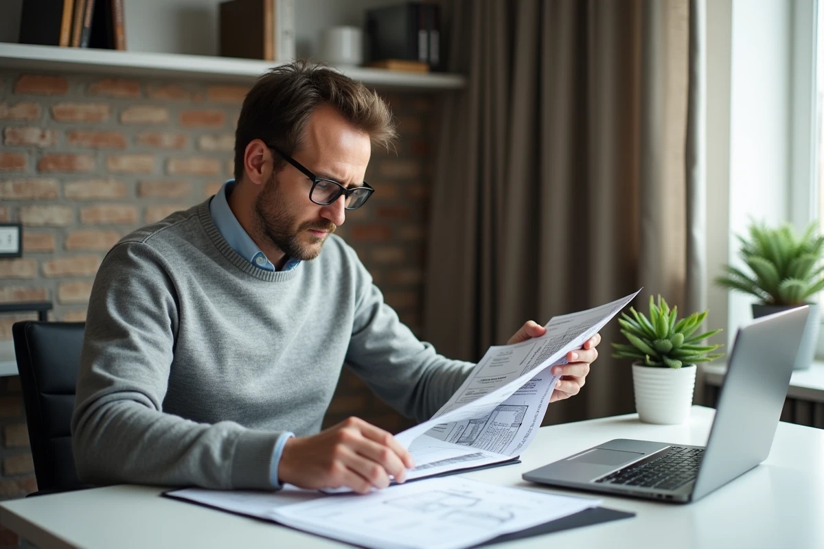 Homme organisant méticuleusement les pièces justificatives d'un dossier immobilier à son bureau à domicile