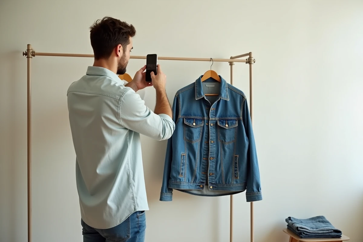 Homme photographiant une veste en jean avec son smartphone pour la revendre en seconde main sur Zalando