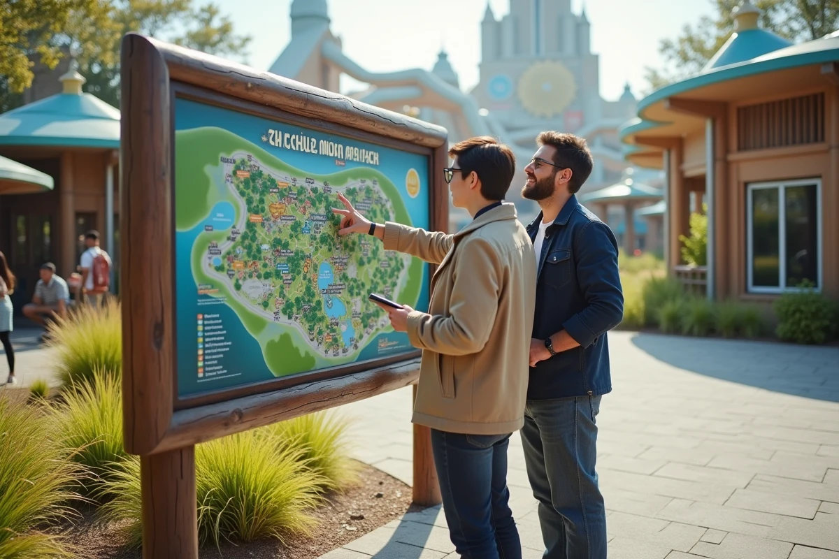 Couple planifiant leur parcours par zone géographique du Futuroscope devant une carte du parc