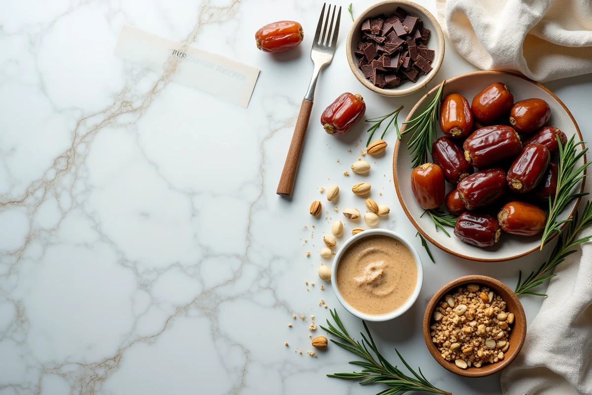 Plateau de dégustation de différentes variétés de dattes avec tahini, pistaches et chocolat noir sur marbre blanc