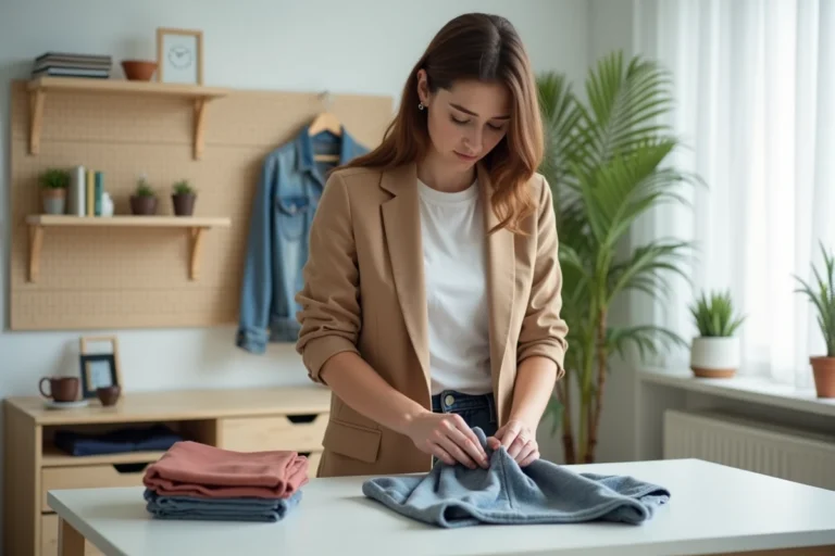 Jeune femme préparant des vêtements à revendre en seconde main sur une table blanche dans un intérieur épuré