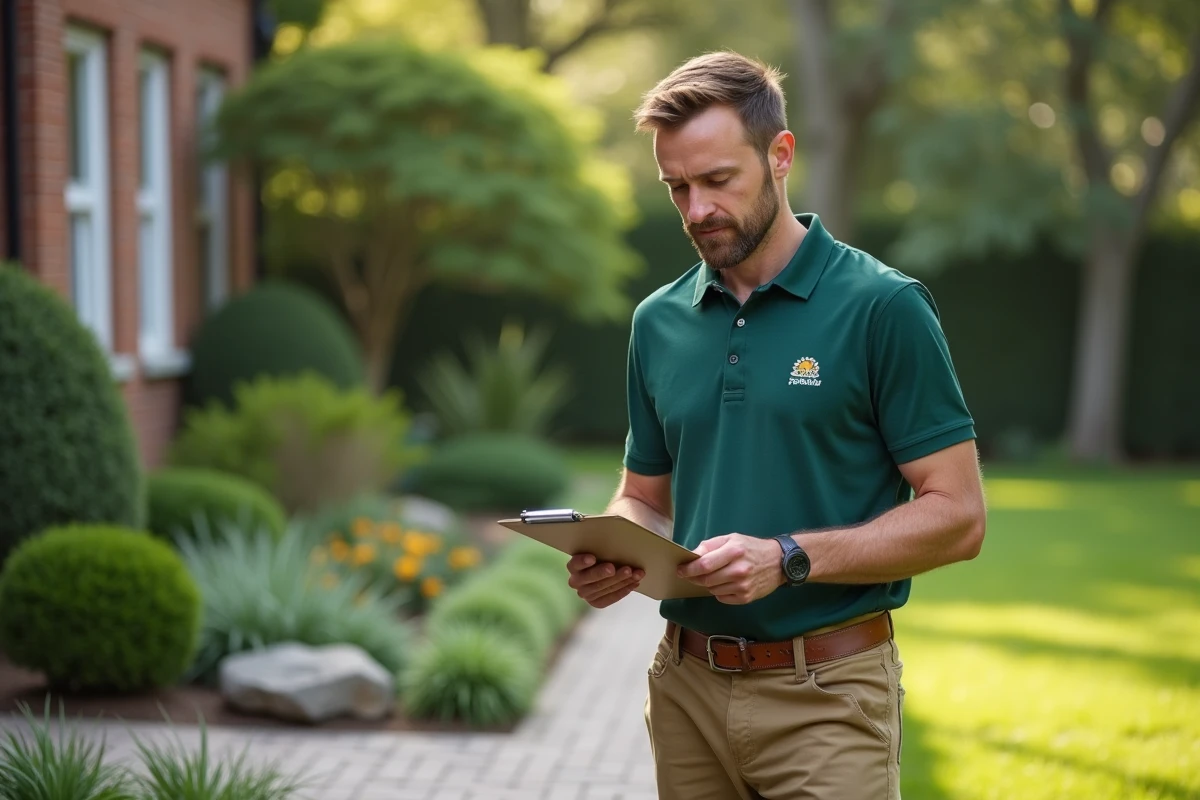Spécialiste du jardinage naturel en visite chez un client pour évaluer un jardin écologique entretenu