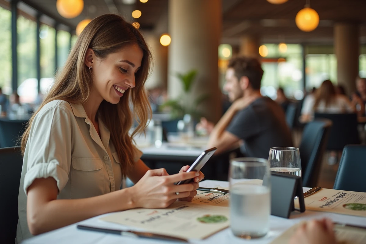 Femme consultant et réservant son créneau de restauration à l'avance au Futuroscope via son téléphone