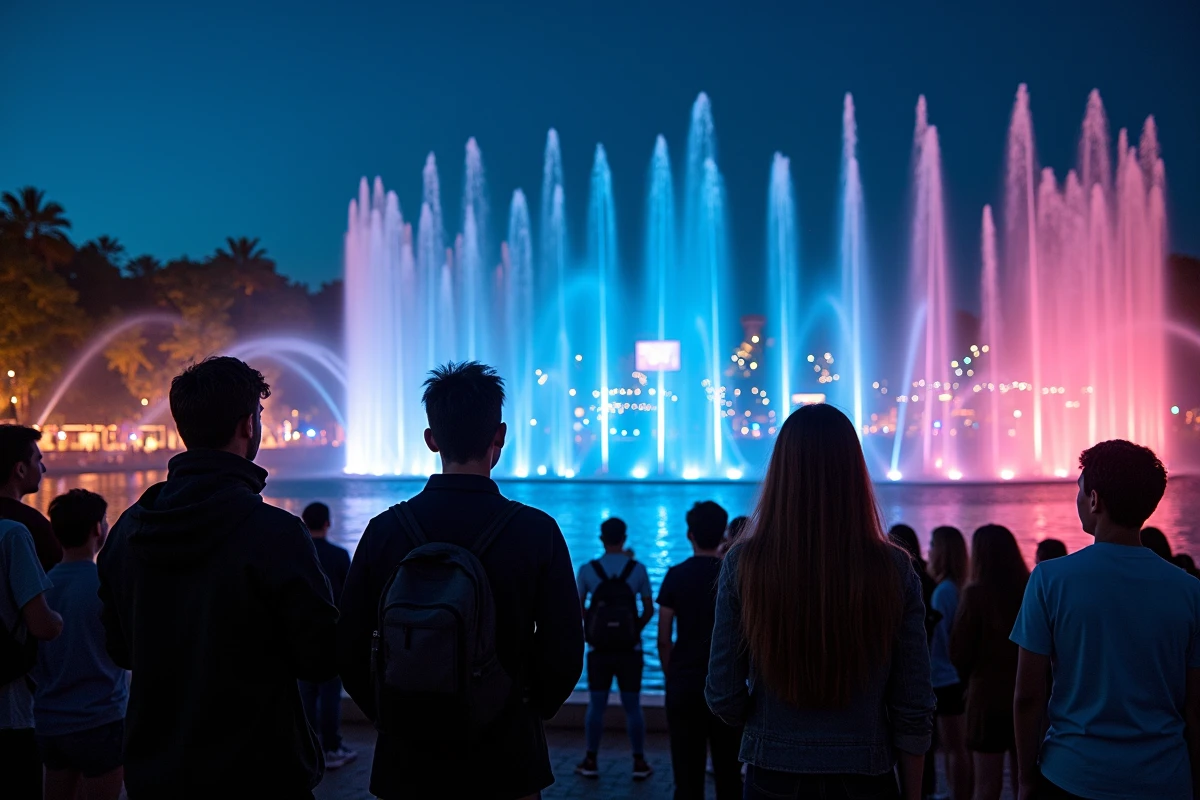 Visiteurs émerveillés devant le spectacle nocturne son et lumière du Futuroscope au bord du lac