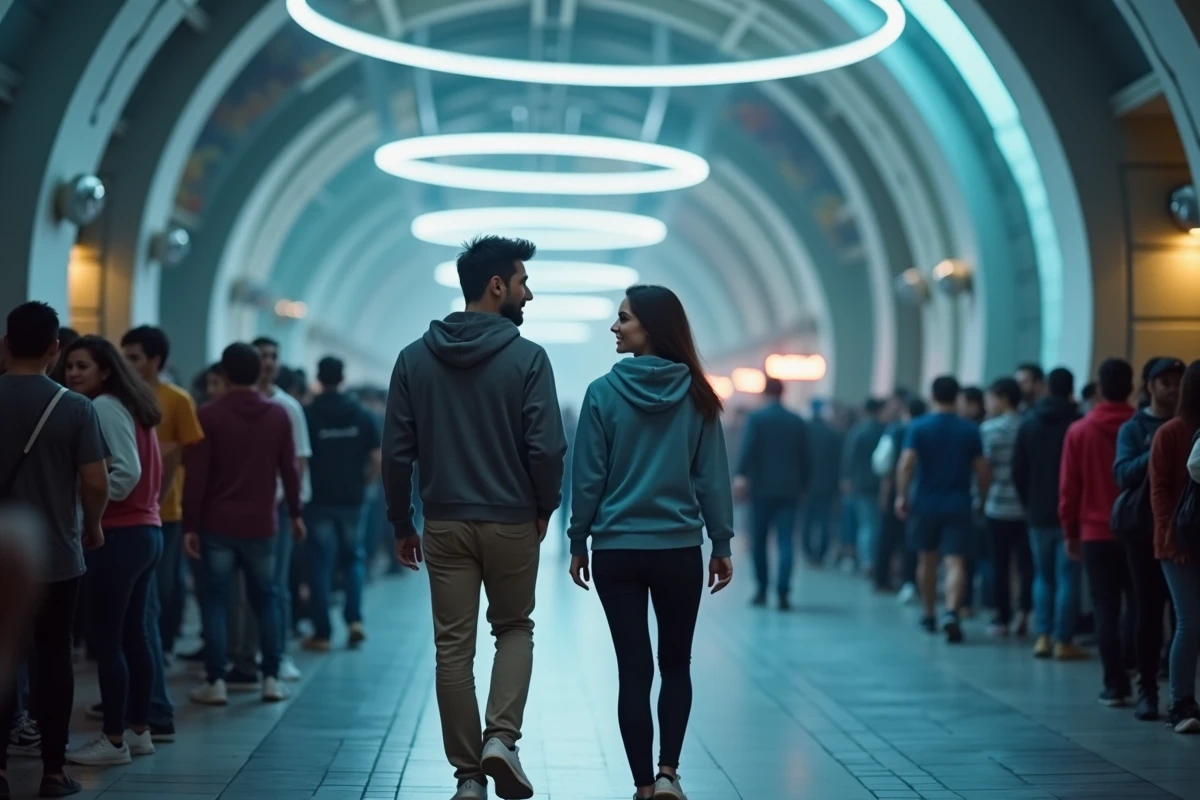 Couple adoptant une stratégie de visite décalée pour éviter les foules aux attractions populaires du Futuroscope