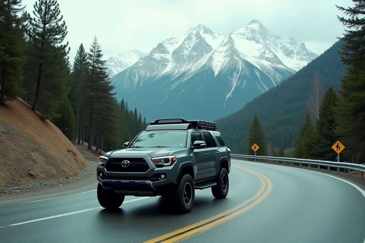 SUV moderne sur une route de montagne sinueuse avec forêt de pins et sommets enneigés, tendances SUV 2024