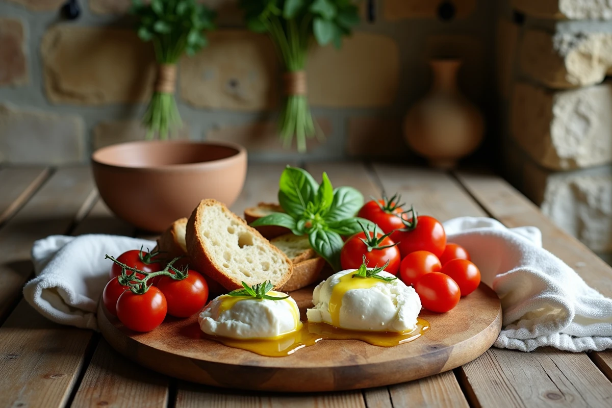 Table rustique en bois avec étalement d'ingrédients frais de saison : tomates anciennes, burrata, pain au levain et basilic frais