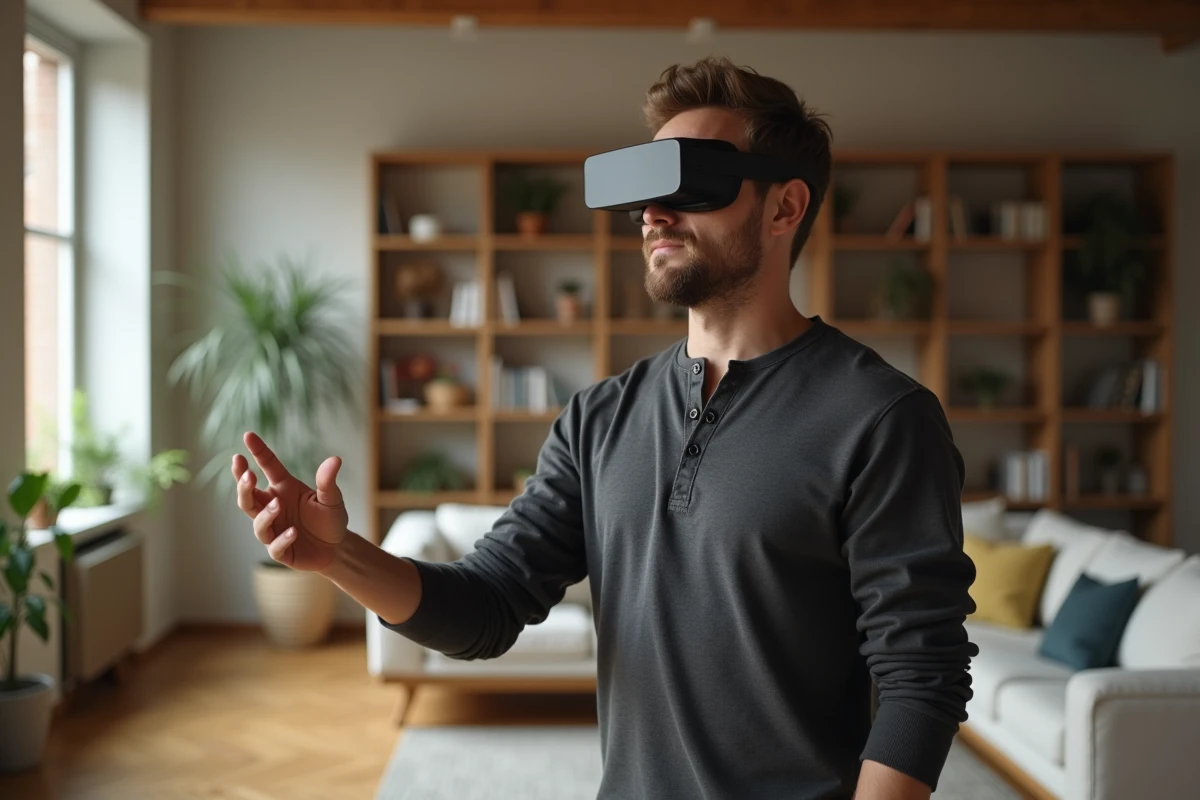 Homme testant des lunettes de réalité augmentée dans un salon moderne tendance 2024