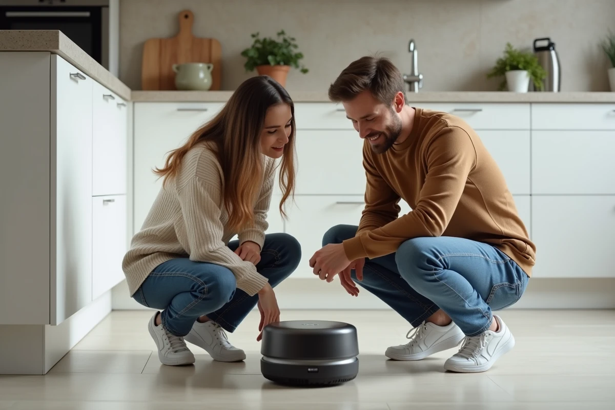 Deux jeunes professionnels découvrant un robot domestique intelligent connecté dans une cuisine contemporaine