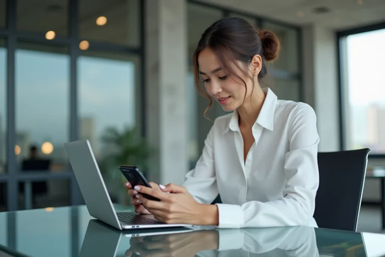Femme utilisant un smartphone pliable dernière génération dans un bureau moderne en 2024