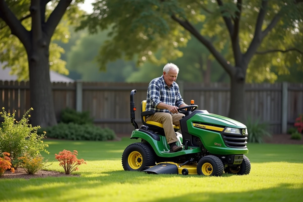 Homme utilisant un tracteur tondeuse vert dans un grand jardin résidentiel bien entretenu