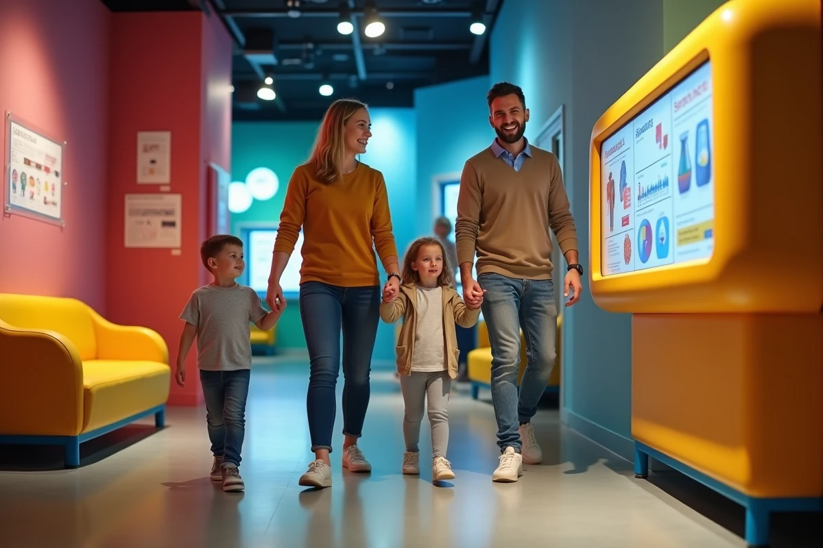 Famille avec de jeunes enfants profitant d'une zone interactive adaptée aux petits visiteurs au Futuroscope